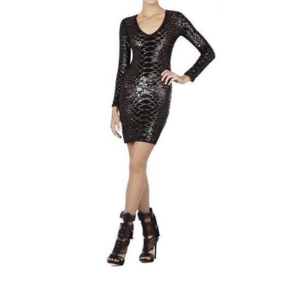 BCBGMAXAZRIA Sabryna Sequin Bodycon Dress XXS Black Nude Long Sleeve Cocktail